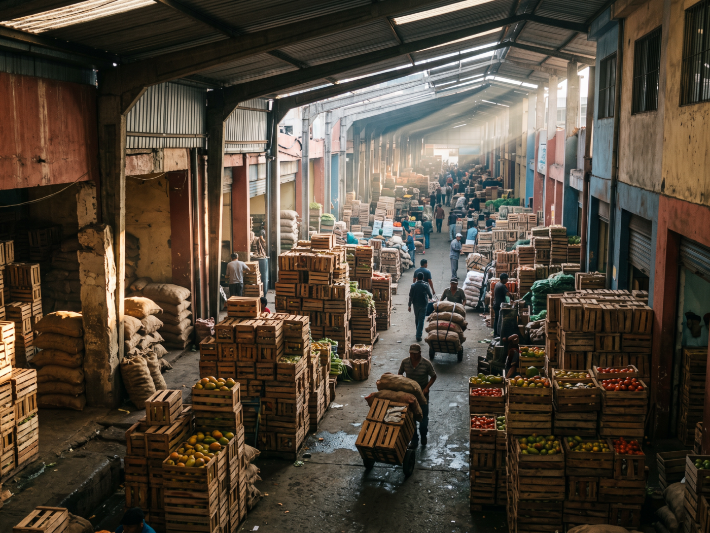 Interior de un mercado mayorista latinoamericano al amanecer, con cajones de fruta apilados y carretillas cargadas entre los pasillos